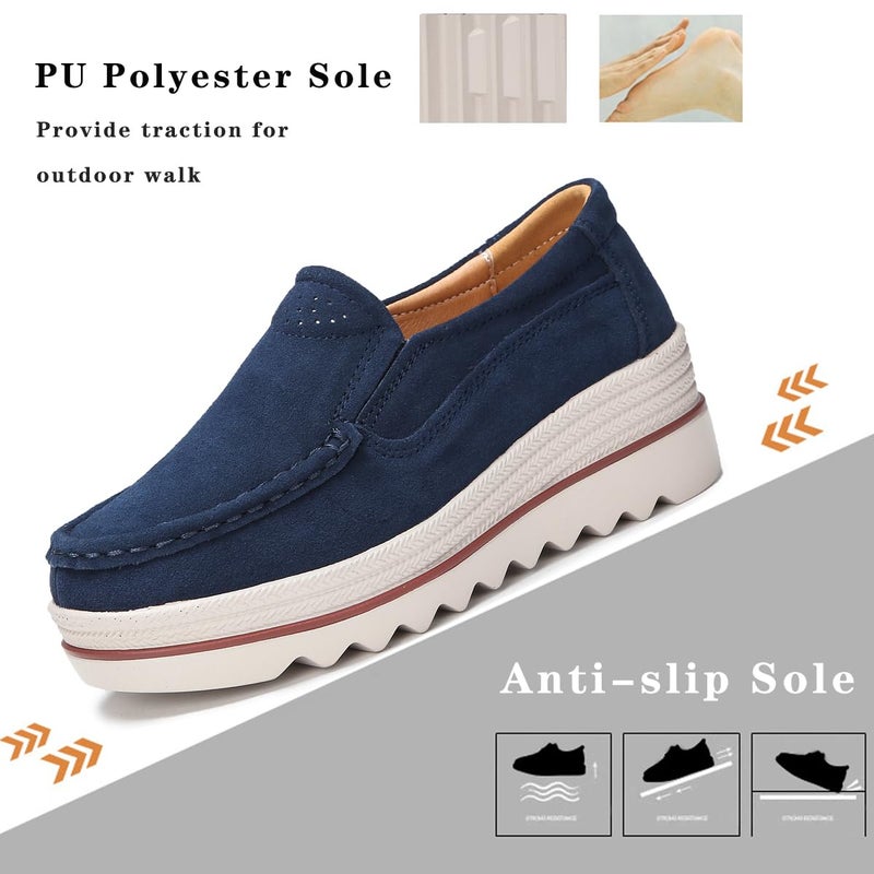 Ruiatoo Women Platform Slip On Loafers Comfort Suede Wedge Shoes Low Top Moccasins,Deep Blue,Size 9 - Image 2